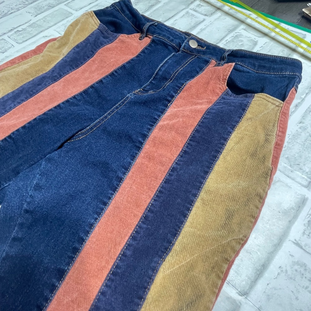 Versona Flare Jeans Striped Patchwork Colorblock 70s Boho Womens Size 12 S. - Picture 2 of 12
